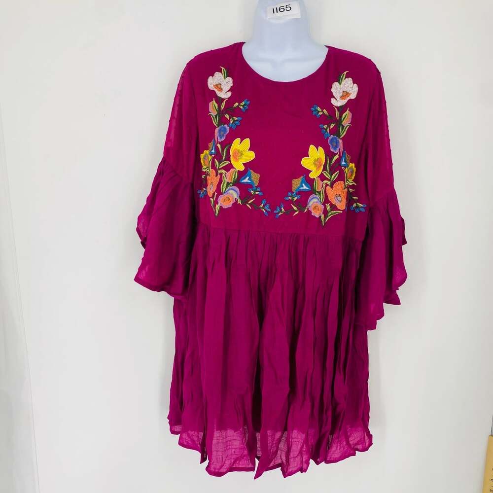 Umgee NWT Burgundy Embroidered Flutter Sleeve Empire Waist Dress Large Boho